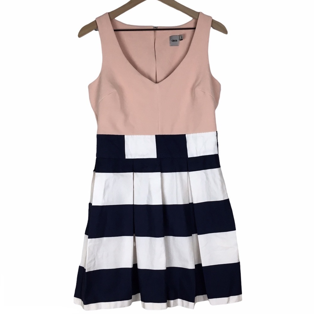 ASOS Skater Dress Stripe Fit Flare Skirt Colorblock Wedding Guest Attire Size 8